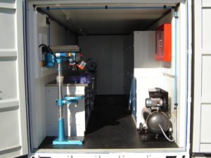 shipping container workshop, secure equipment storage, secure tool storage